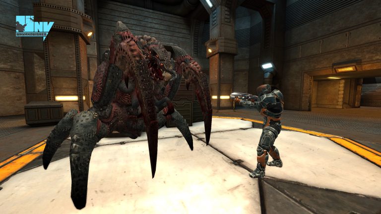 A human wearing a battlesuit facing a tyrant in Parpax map.