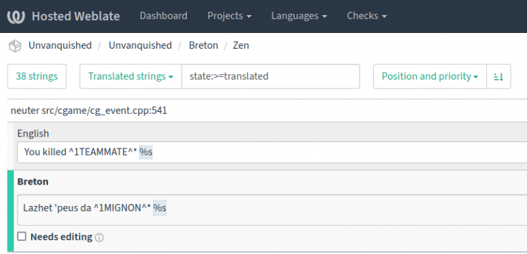 Weblate English user interface, Unvanquished Breton translation